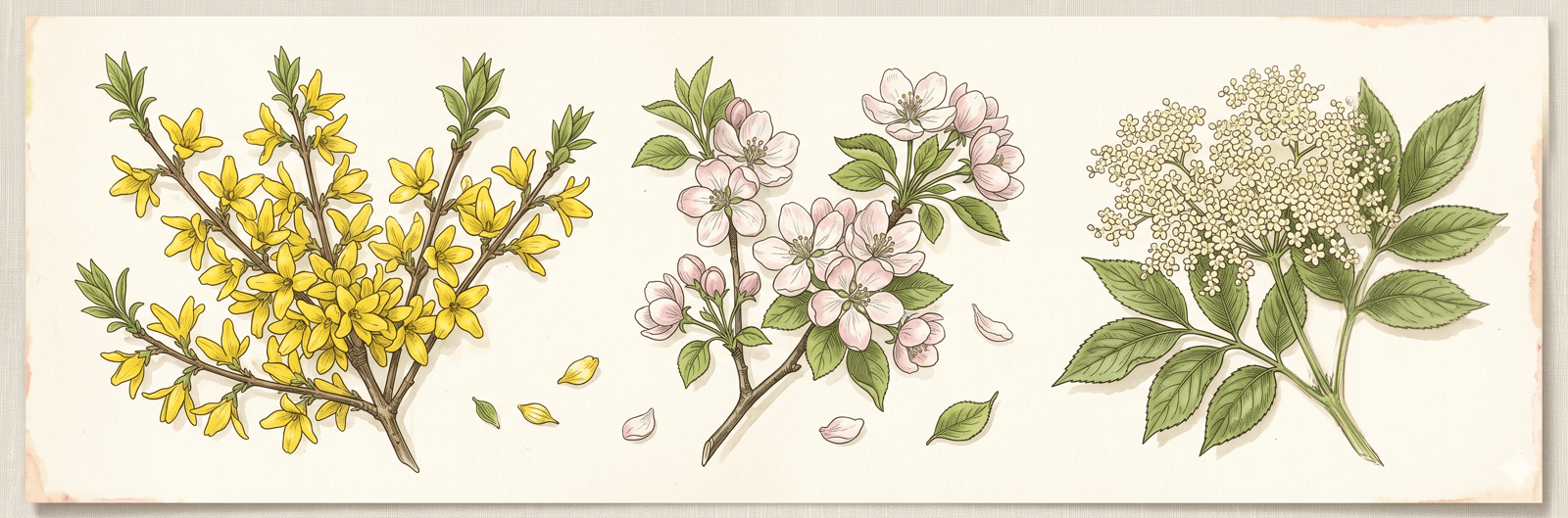 Forsythienblüte, Apfelblüte und Holunderblüte nebeneinander – drei der zentralen Zeigerpflanzen für Erstfrühling, Vollfrühling und Frühsommer