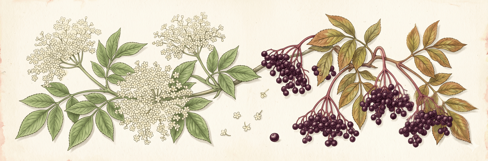 Schwarzer Holunder als Doppelzeiger – im Mai/Juni in Blüte (Frühsommer-Beginn), im August/September in voller Beerenreife (Frühherbst)