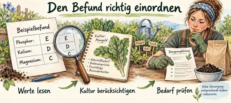 Erfundener Beispielbefund mit Phosphor in Klasse E, Kalium in D und Magnesium in C; eine Gärtnerin berücksichtigt Kultur und Düngeempfehlung, bevor sie über weitere Gaben entscheidet