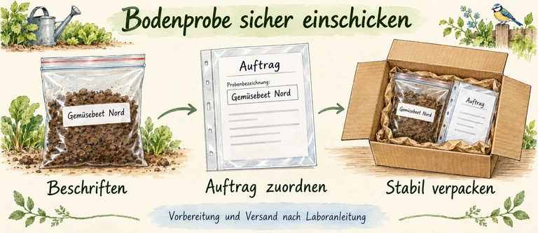 Verschlossener Bodenprobenbeutel und vor Feuchtigkeit geschützter Auftrag tragen beide die Bezeichnung Gemüsebeet Nord und werden in einem stabilen Karton verpackt
