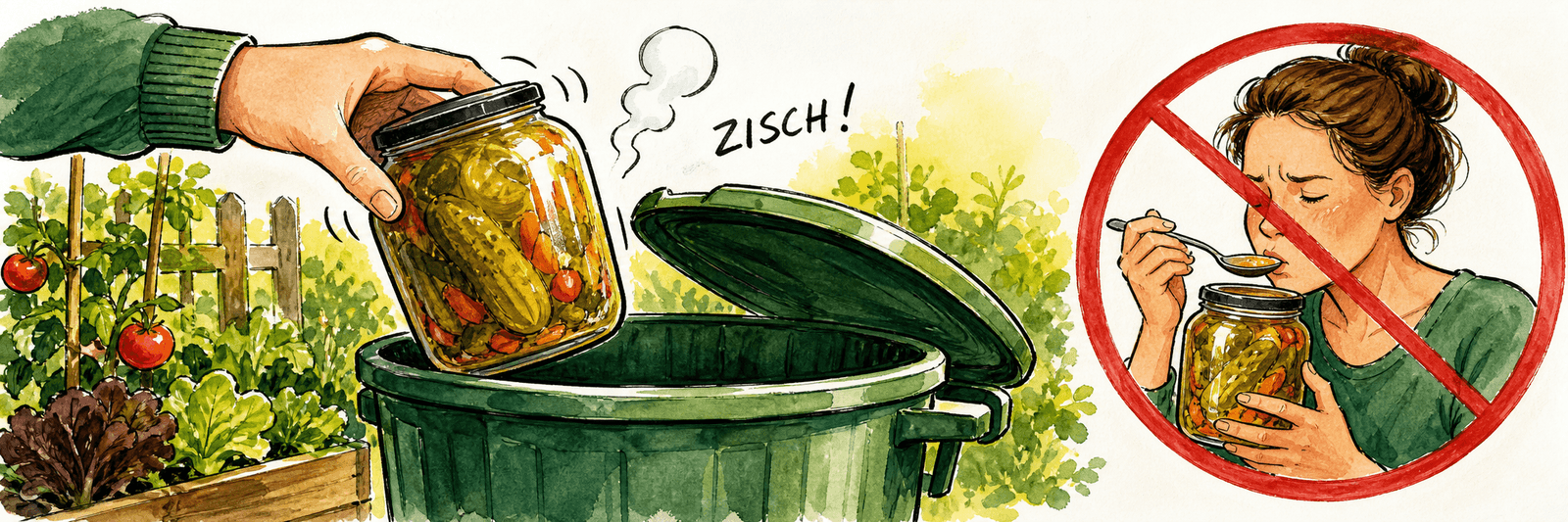Gewölbtes, zischendes Glas wird ungeöffnet entsorgt, Kosten ist durchgestrichen