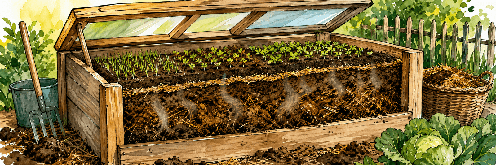 Mistbeet mit frischem Pferdemist, der das Beet von unten für die frühe Aussaat heizt