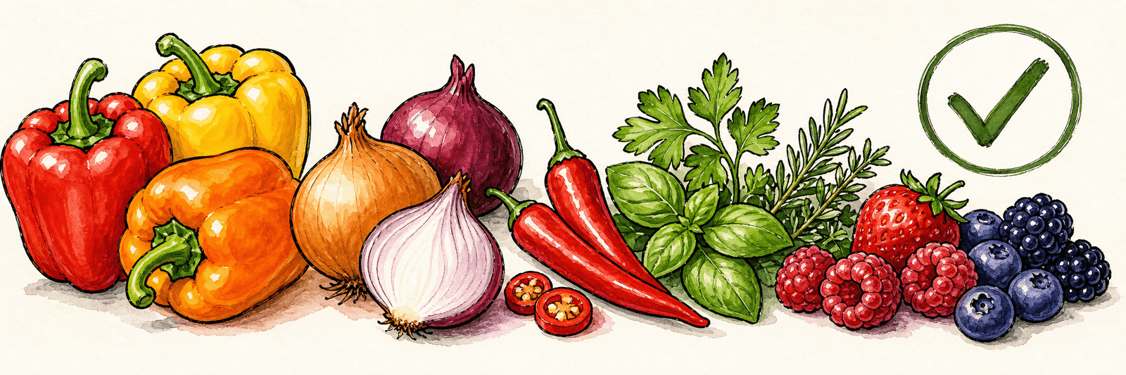 Paprika, Zwiebeln, Chili, Kräuter und Beeren – roh einfrierbar, mit Häkchen markiert