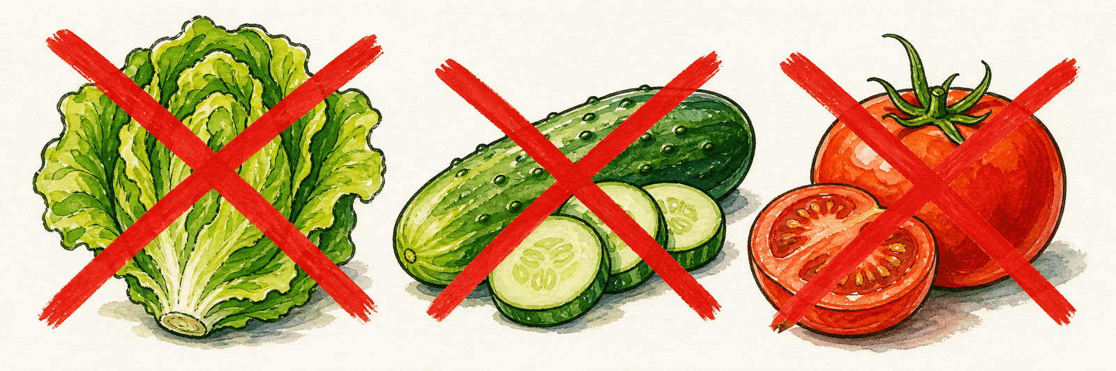 Salat, Gurke und Tomaten durchgestrichen – roh ungeeignet zum Einfrieren, werden matschig