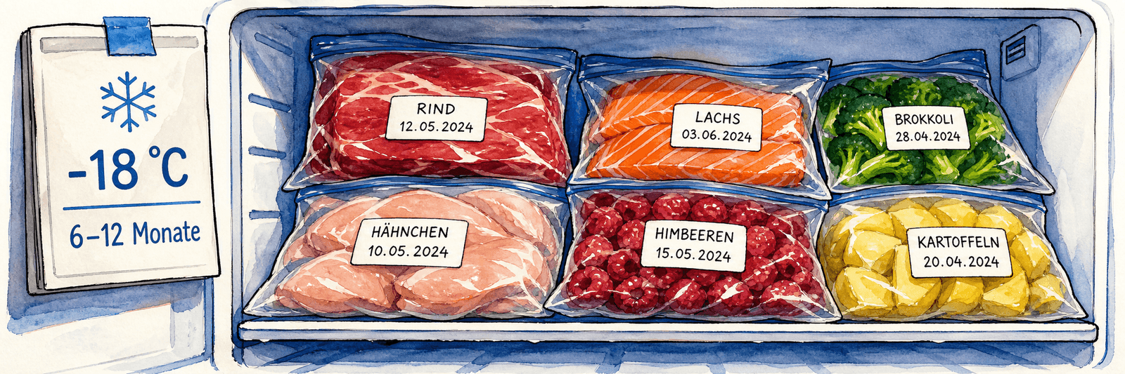 Luftarm verpackte, beschriftete Gefrierbeutel im Gefrierschrank bei minus 18 Grad, haltbar 6 bis 12 Monate