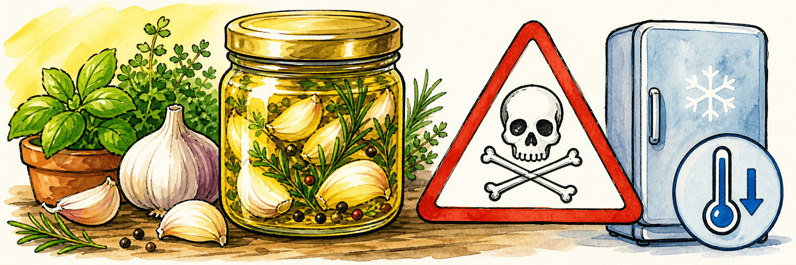 Botulismus-Warnung: roher Knoblauch und Kräuter in Öl, kühl lagern
