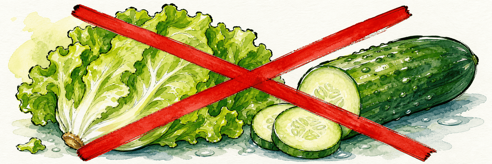 Wasserreiches Gemüse wie Salat und Gurke mit durchgestrichenem Symbol für rohes Einfrieren