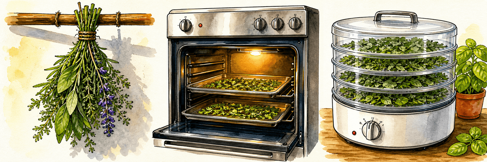 Drei Trocknungswege im Vergleich: Kräuterbund an der Luft, Backofen und Dörrgerät