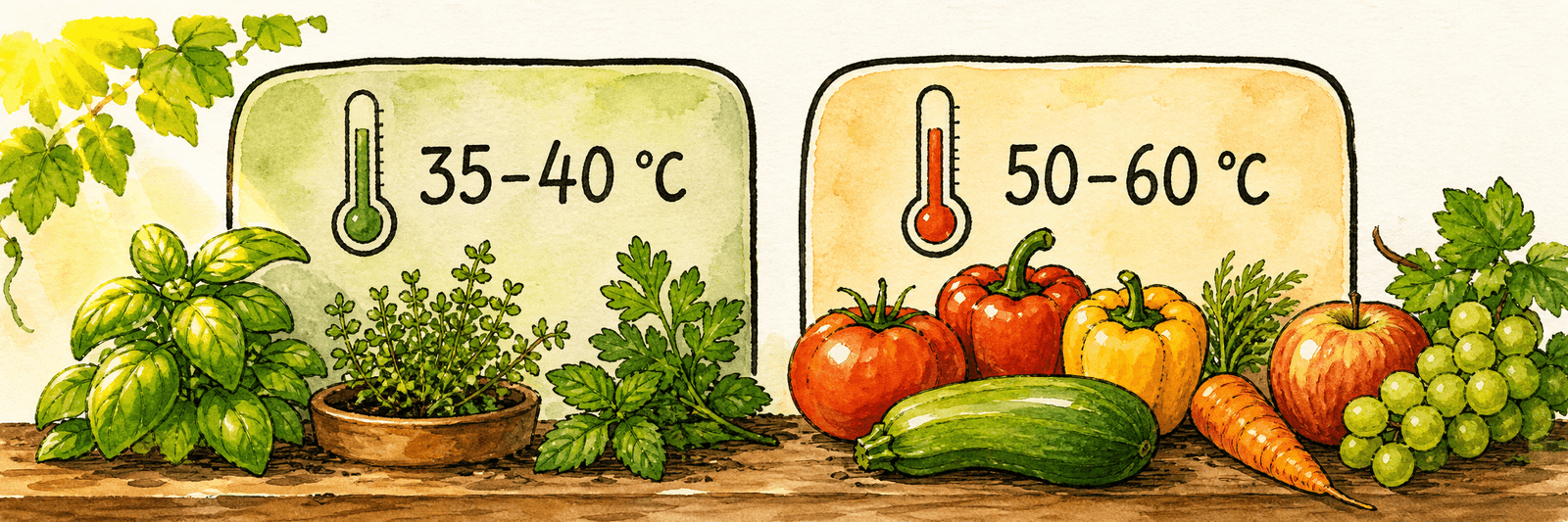 Temperaturen im Vergleich: Kräuter bei 35–40 °C, Gemüse und Obst bei 50–60 °C