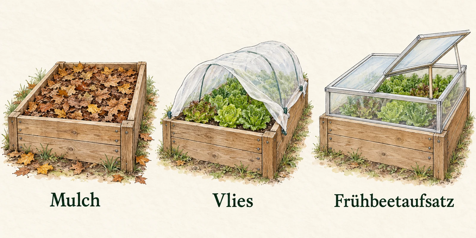 Drei illustrierte Hochbeete im Vergleich: freie Erde mit Laubmulch, Salat unter Gartenvlies und ein bepflanztes Beet mit geöffnetem Frühbeetaufsatz