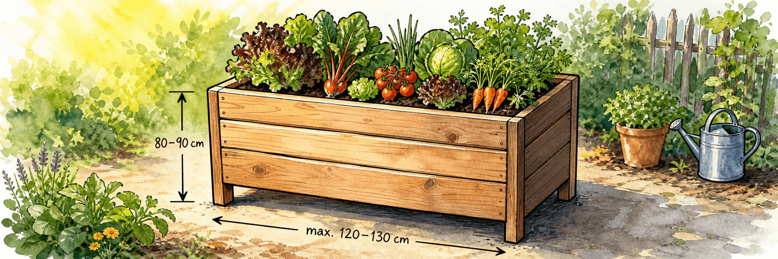 Hochbeet mit 80 bis 90 cm Höhe und maximal 120 bis 130 cm Breite zum bequemen Greifen von beiden Seiten