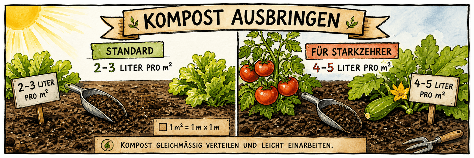 Abgemessener Kompost: 2 bis 3 Liter pro Quadratmeter Standard, 4 bis 5 Liter für Starkzehrer