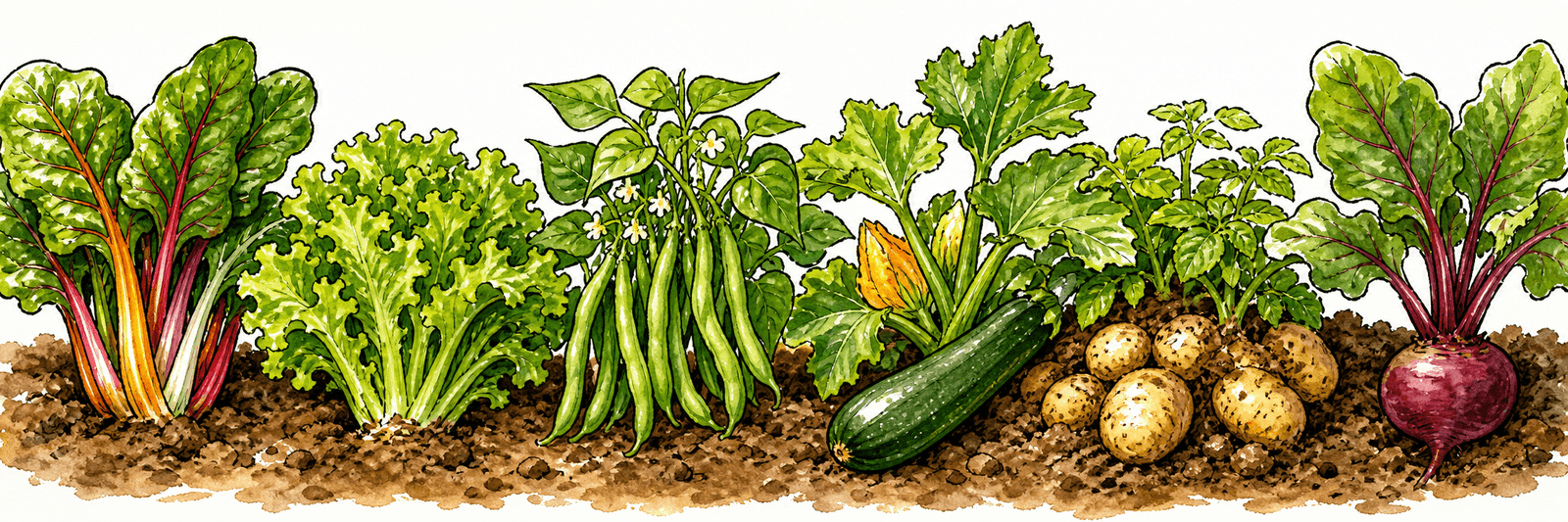 Gutmütige Kulturen: Mangold, Pflücksalat, Buschbohnen, Zucchini, Kartoffeln und Rote Bete
