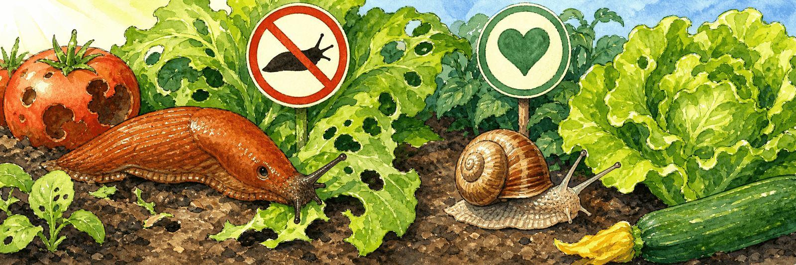 Braune Nacktschnecke neben Gemüse mit Fraßspuren und eine Weinbergschnecke mit Gehäuse und Schutzsymbol