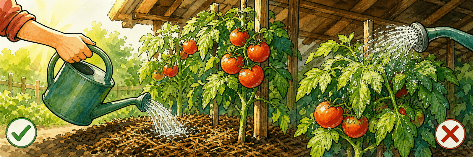 Tomaten unter dem Dach werden an die Wurzel gegossen und gemulcht, nicht über das Laub