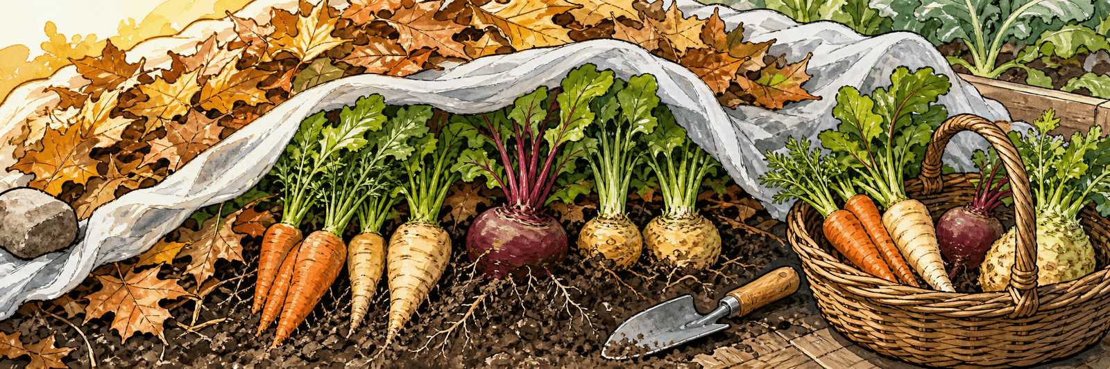 Wurzelgemüse bleibt unter Laub und Vlies im Beet und wird portionsweise geerntet.
