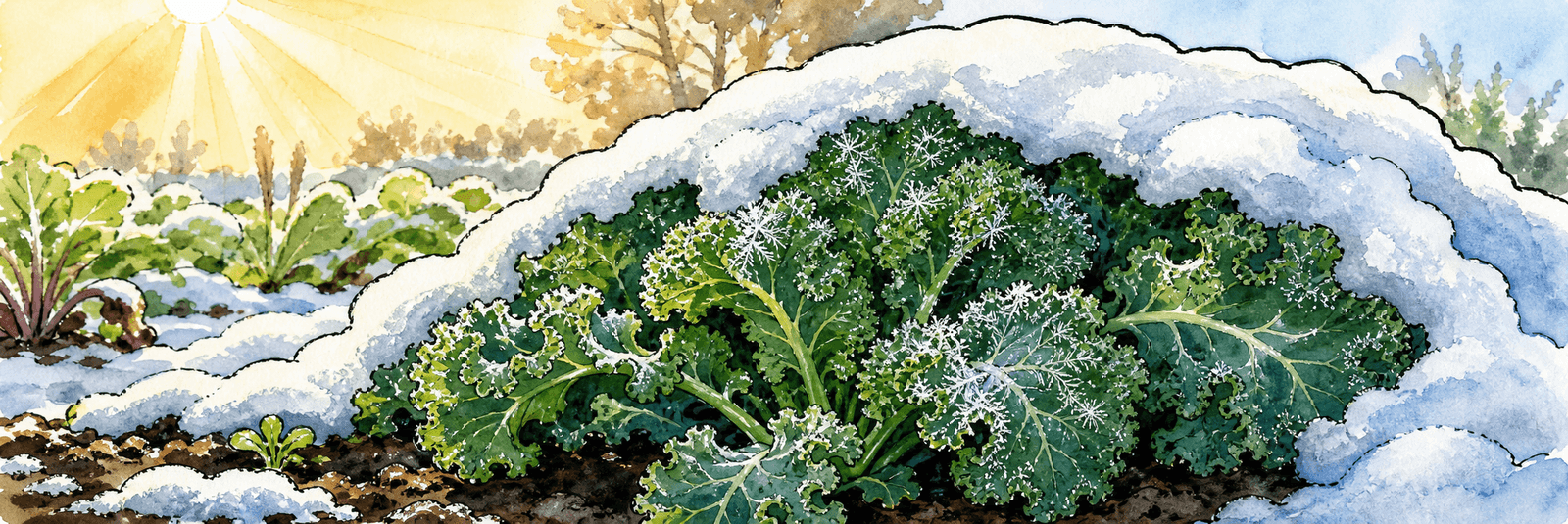 Echtes Wintergemüse wie Grünkohl wird durch Frost süßer, Schnee isoliert es.